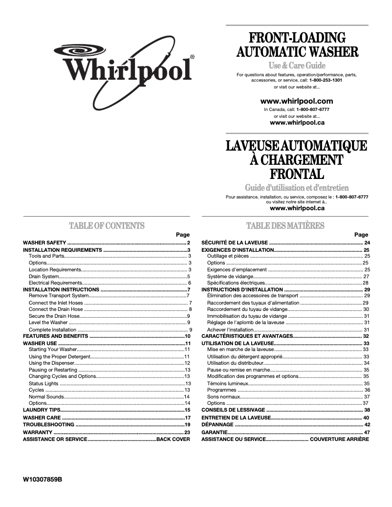 Page n°1 - Manuel utilisateur Whirlpool WFW8400TB