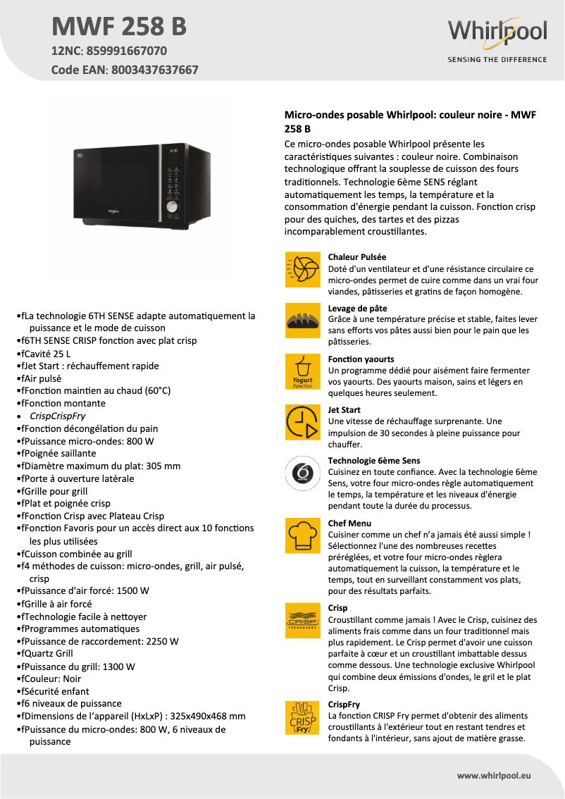 Página 1 del manual Ficha técnica Whirlpool MWF 258 B