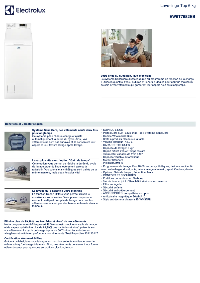Page 1 de la notice Fiche technique Electrolux EW6T7682EB