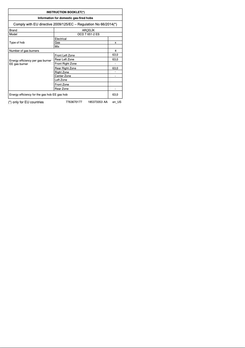 Page 1 de la notice Manuel utilisateur Arçelik OCD T 651-2 ES