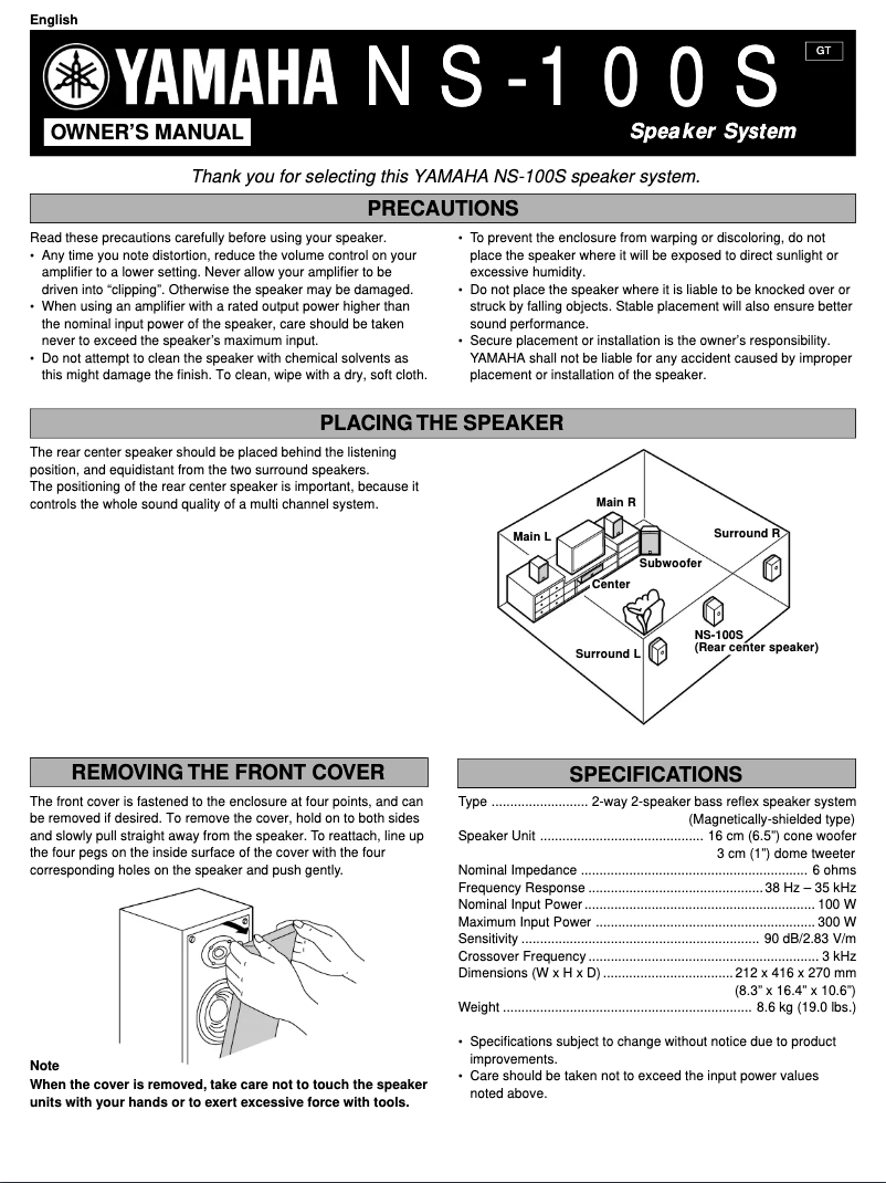 Page 1 of the manual User Manual Yamaha NS-100S