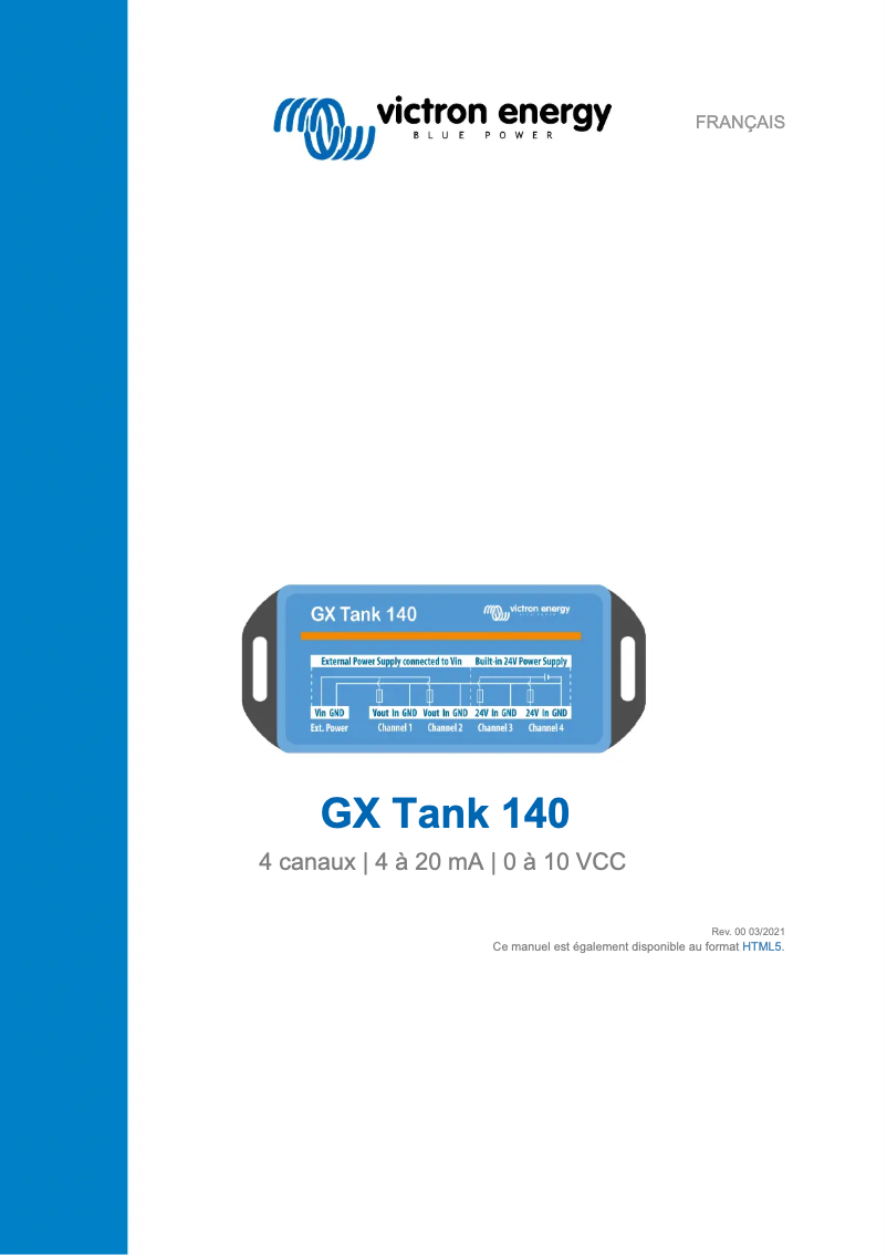 Page 1 de la notice Manuel utilisateur Victron Energy GX Tank 140