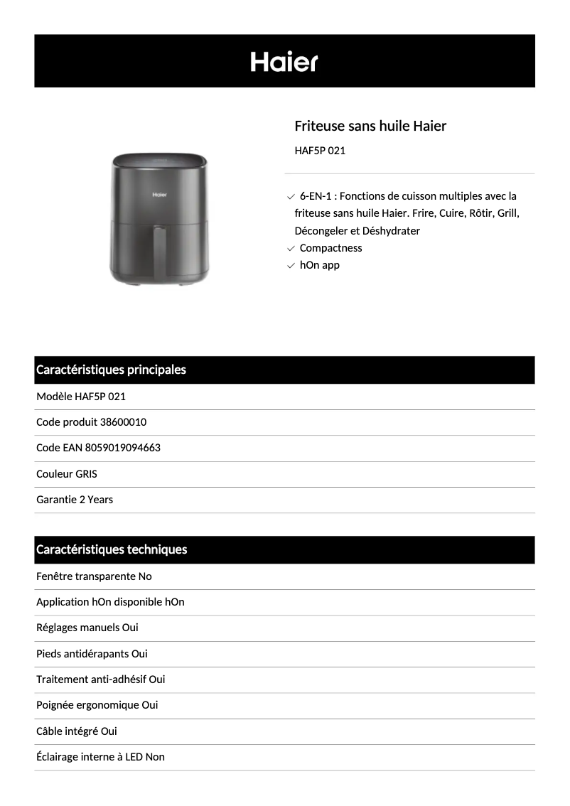 Page 1 de la notice Fiche technique Haier HAF5P 021