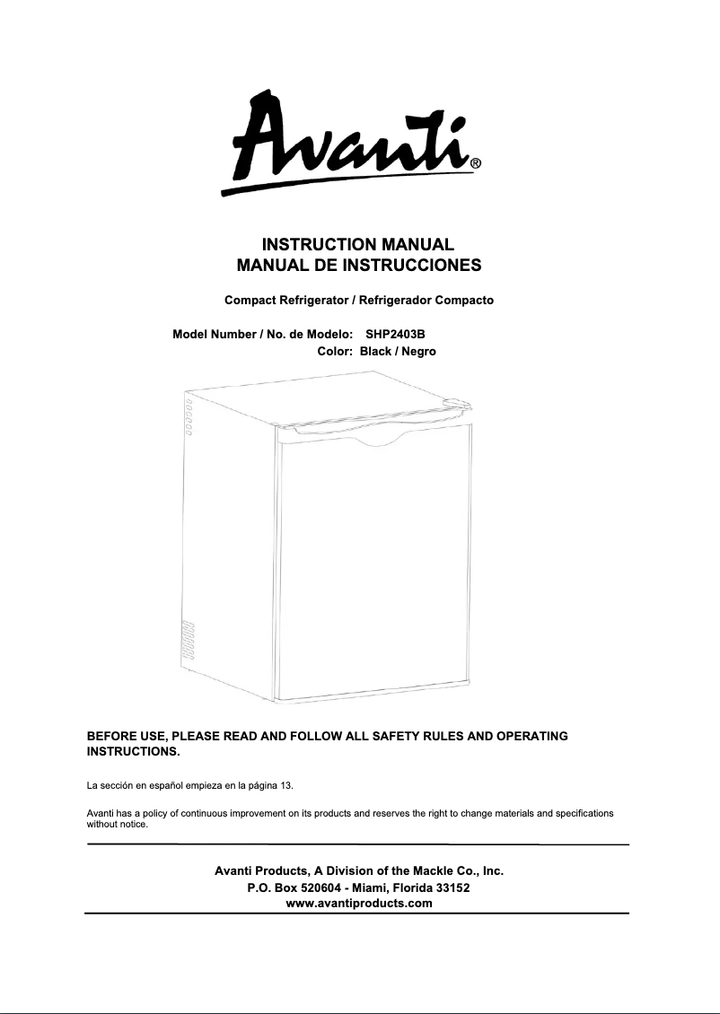 Page 1 de la notice Manuel utilisateur Avanti SHP2403B