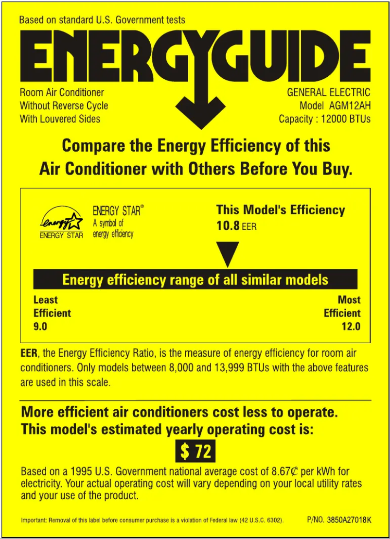 Page 1 de la notice Label énergétique GE AGM12AH