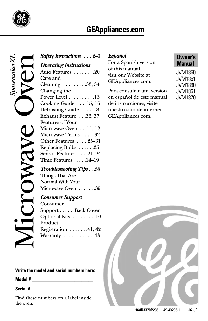 Page n°1 - Manuel d'utilisation et d'entretien GE JVM1850WD