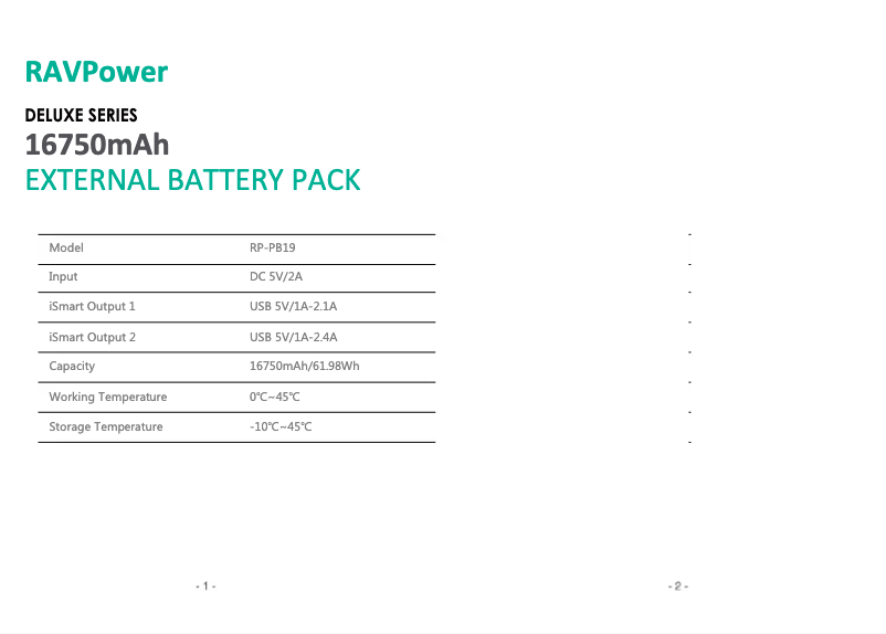 Page n°1 - Manuel utilisateur RAVPower RP-PB19-WH