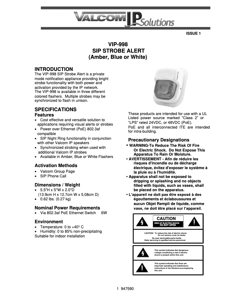 Page 1 de la notice Manuel utilisateur Valcom VIP-998