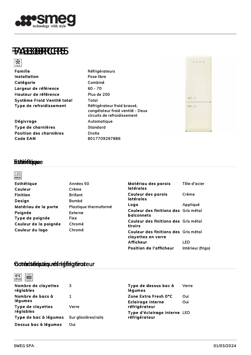 Page n°1 - Fiche technique Smeg FAB38RCR5