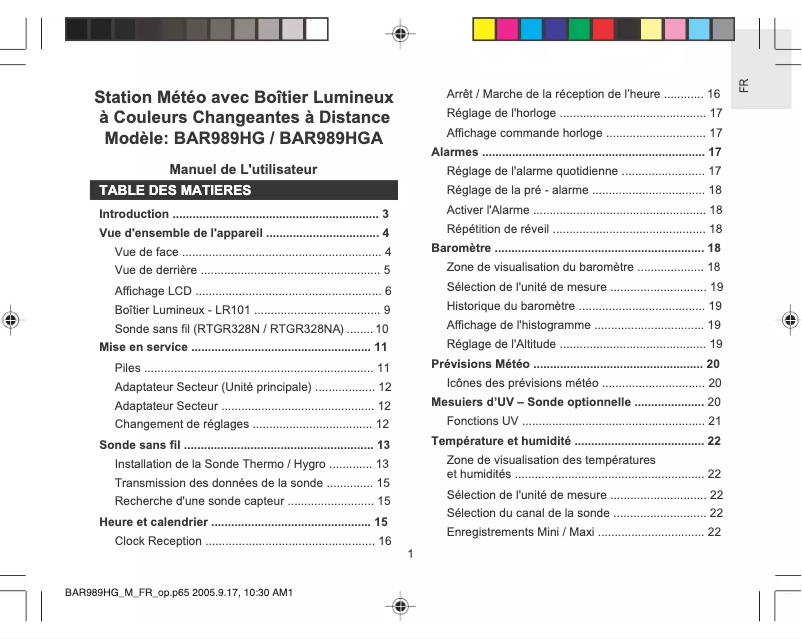 Page n°1 - Manuel utilisateur Oregon Scientific BAR989HGA