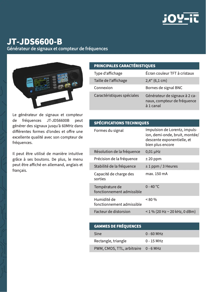 Page n°1 - Manuel utilisateur Joy-It JDS6600
