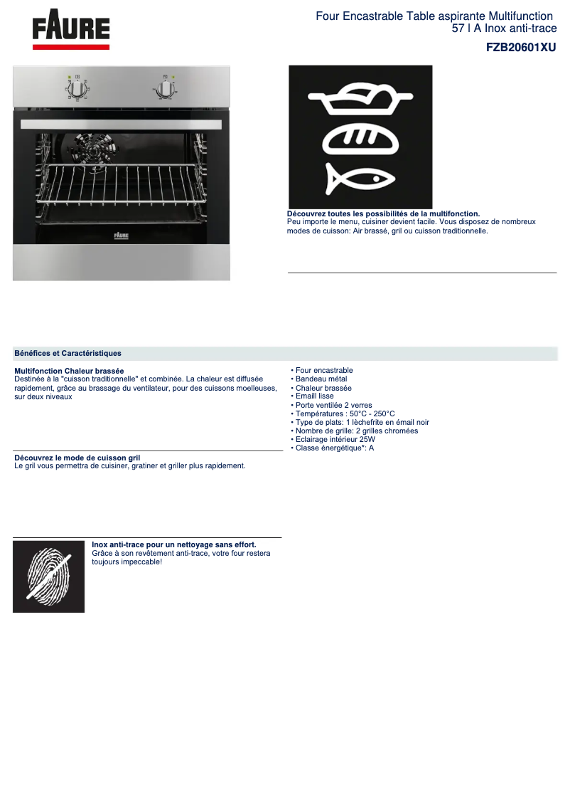 Page 1 de la notice Fiche technique Faure FZB20601XU