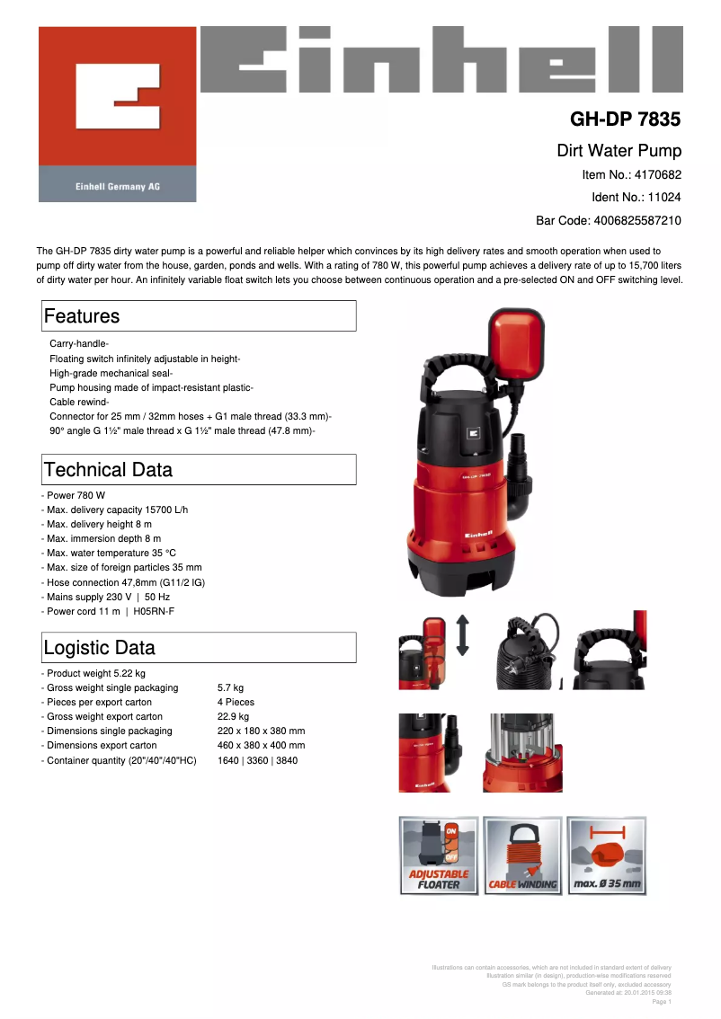 Página 1 del manual Ficha técnica Einhell GC-DP 7835
