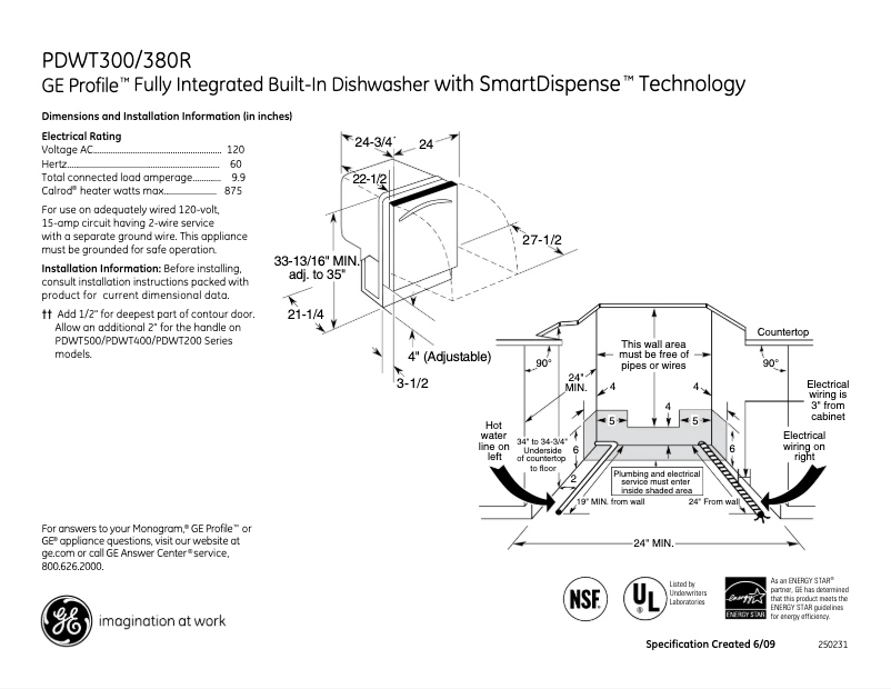 Page 1 de la notice Fiche technique GE PDWT300RWW
