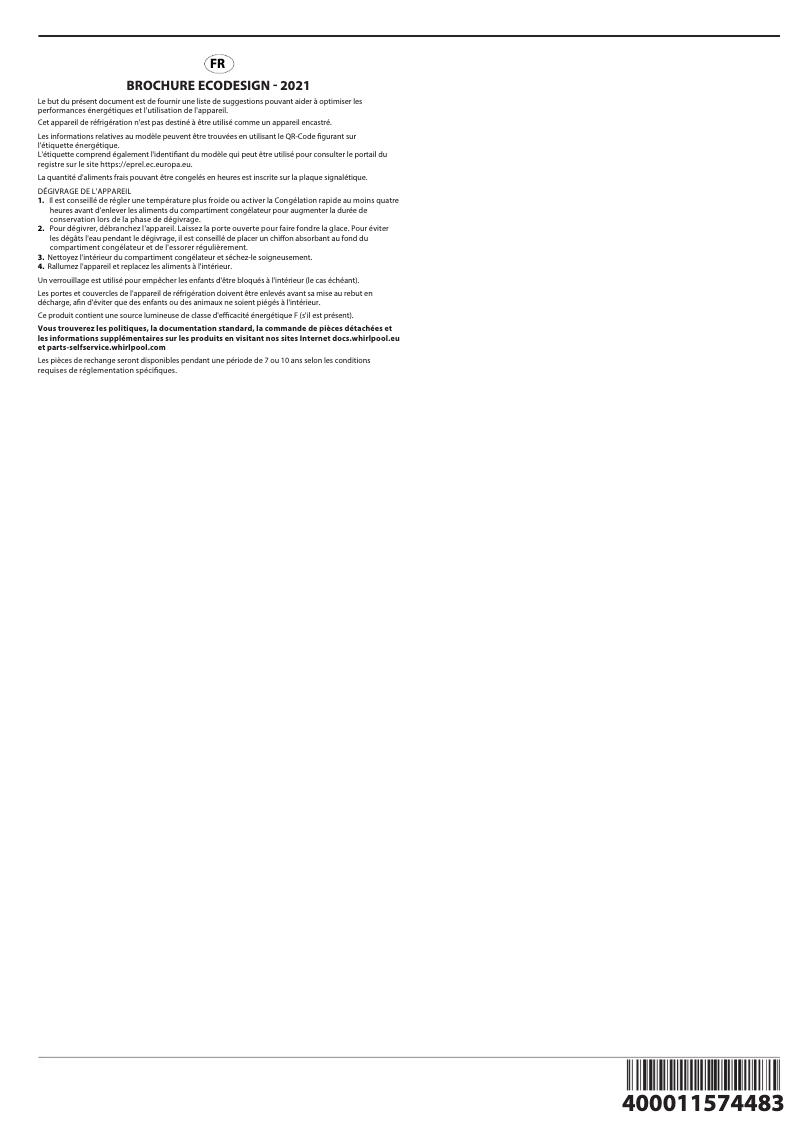 Page 1 de la notice Guide d'installation Whirlpool WHM25112