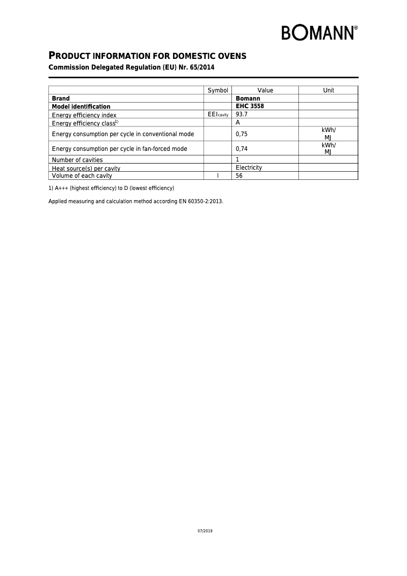 Page n°1 - Fiche technique Bomann EHC 3558