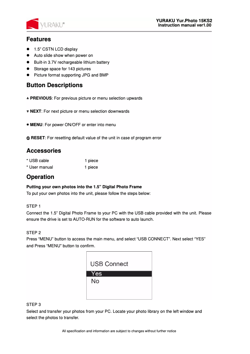 Page 1 de la notice Manuel utilisateur Yuraku Yur.Photo 15KS2