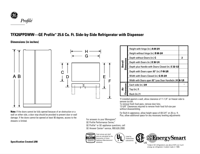 Page 1 de la notice Fiche technique GE Profile Performance TFX26PPDWW