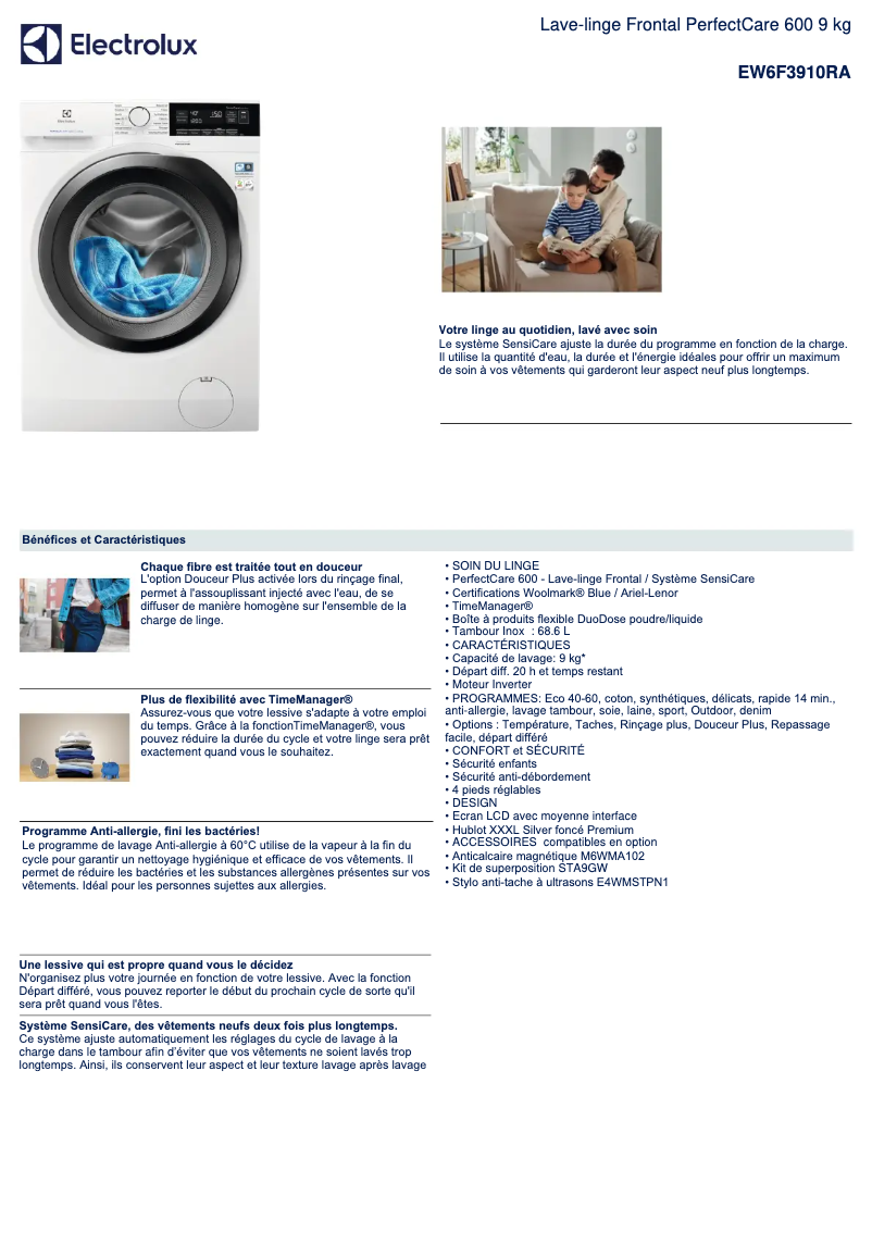 Page 1 de la notice Fiche technique Electrolux EW6F3910RA