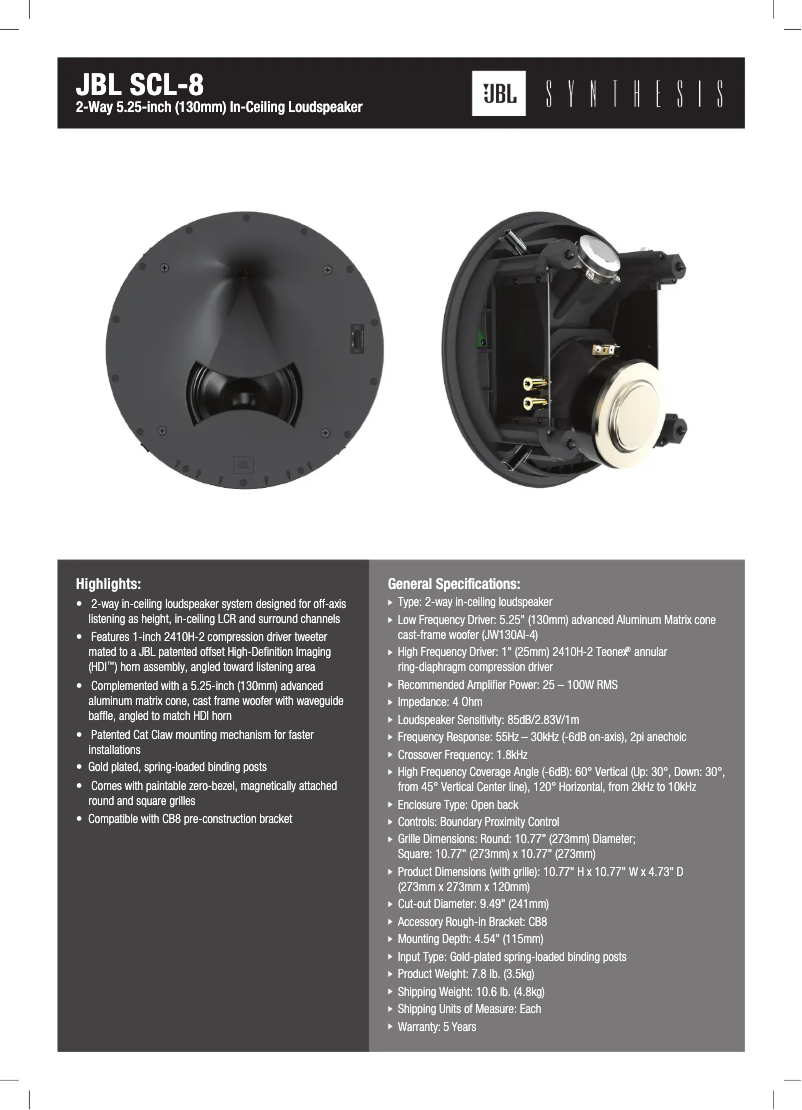Page 1 de la notice Fiche technique JBL Synthesis SCL-8