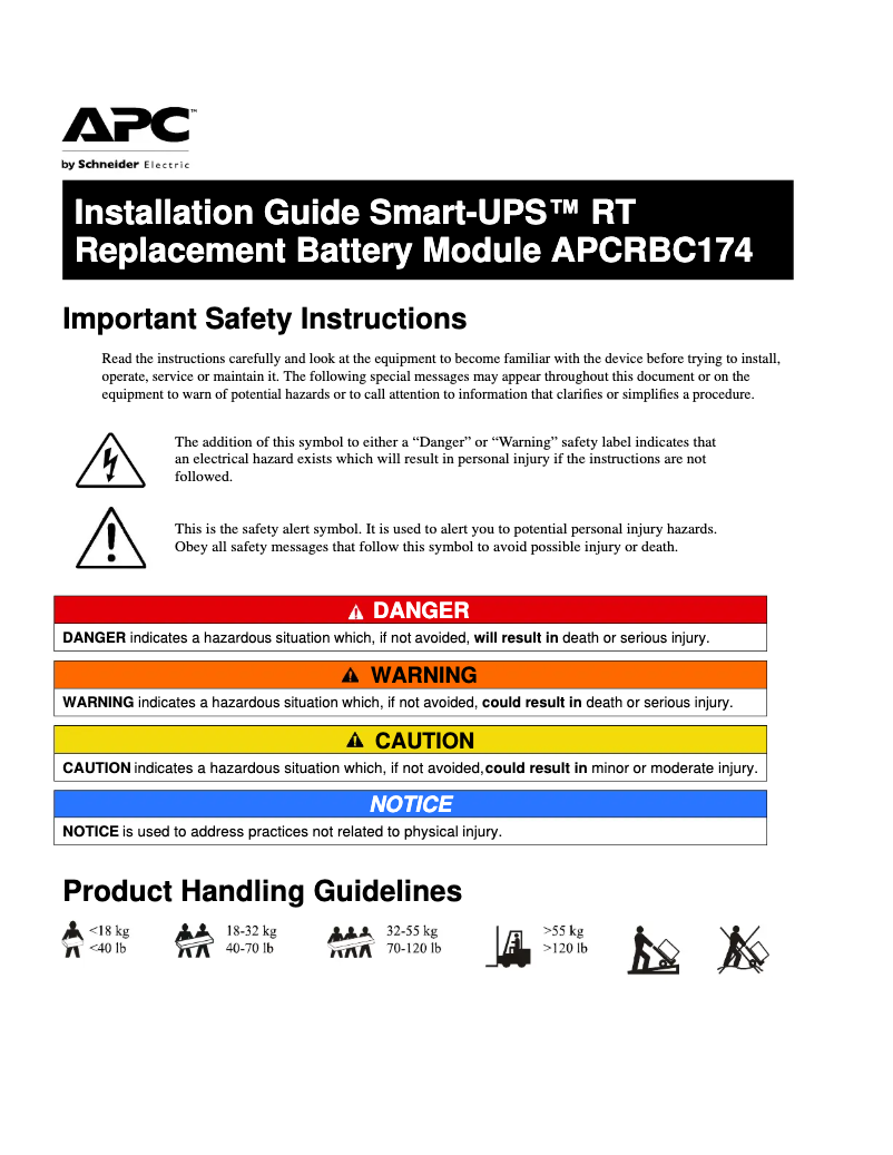 Page 1 de la notice Manuel utilisateur APC APCRBC174