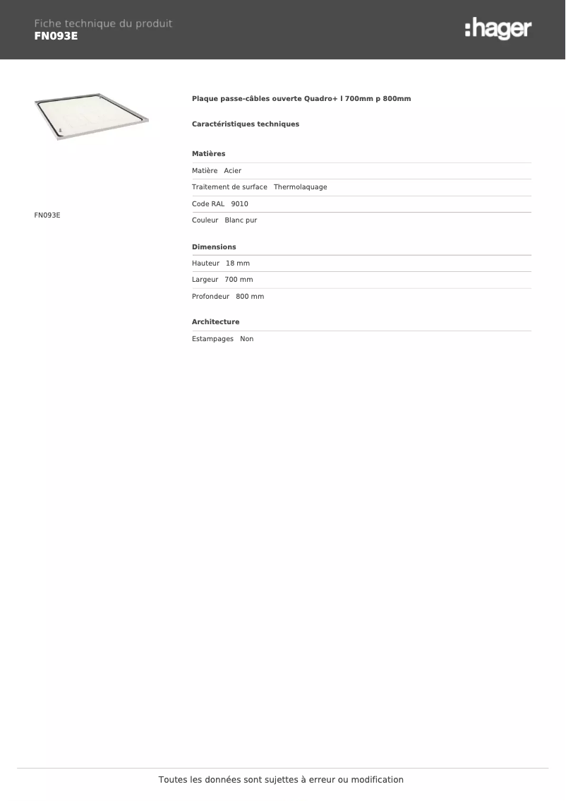 Page 1 de la notice Fiche technique Hager FN093E