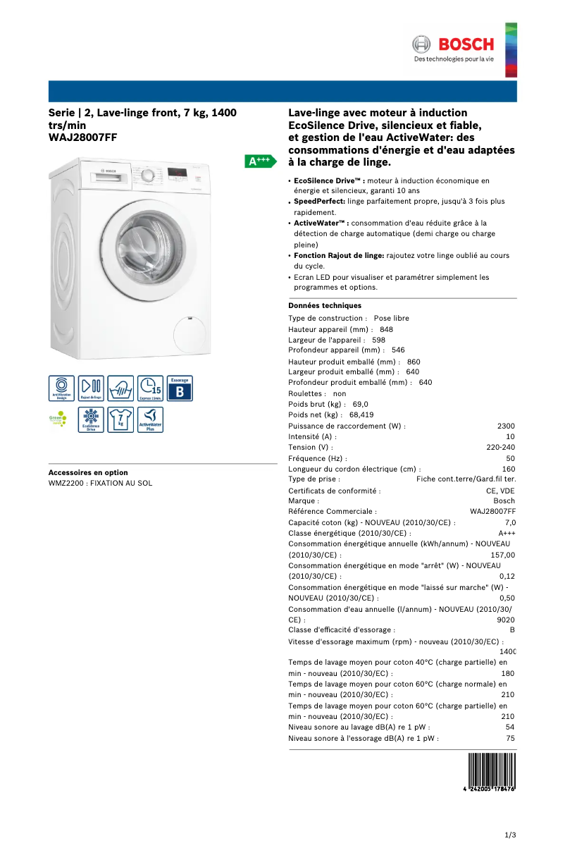 Page n°1 - Manuel utilisateur Bosch Serie 2 WAJ28007FF