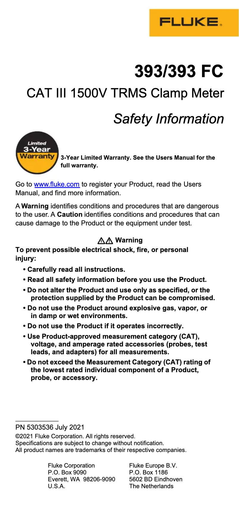 Página 1 del manual Instrucciones de seguridad Fluke 393 FC