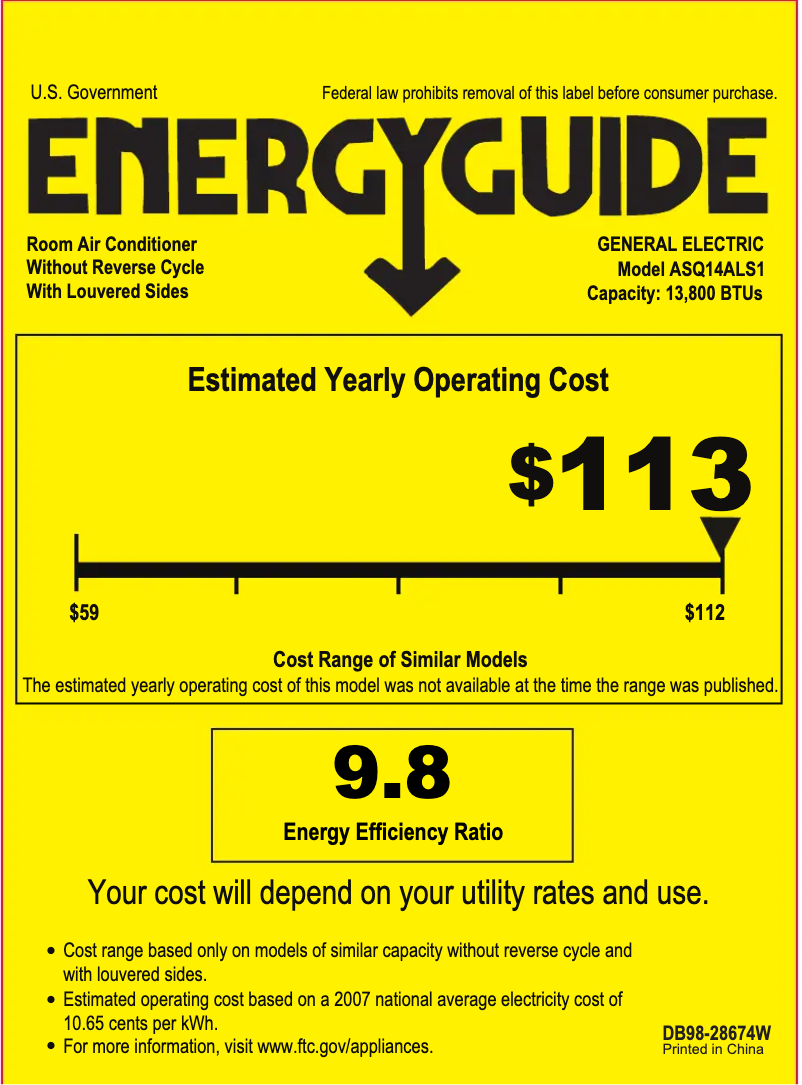 Página 1 del manual Etiqueta energética GE ASQ14AL