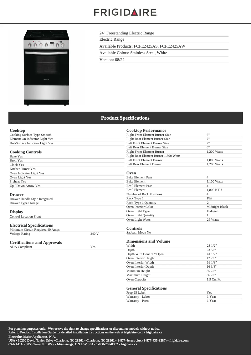 Page 1 de la notice Fiche technique Frigidaire FCFE2425AS