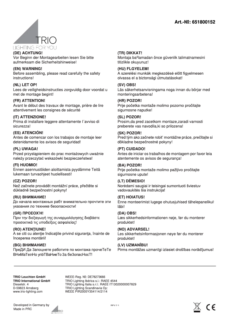 Page 1 de la notice Manuel utilisateur Trio Lighting Dolomite 651800152
