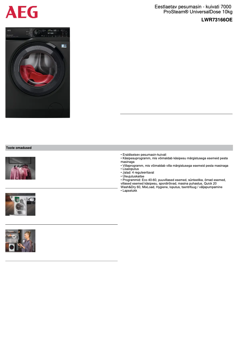 Page 1 de la notice Fiche technique AEG LWR73166OE