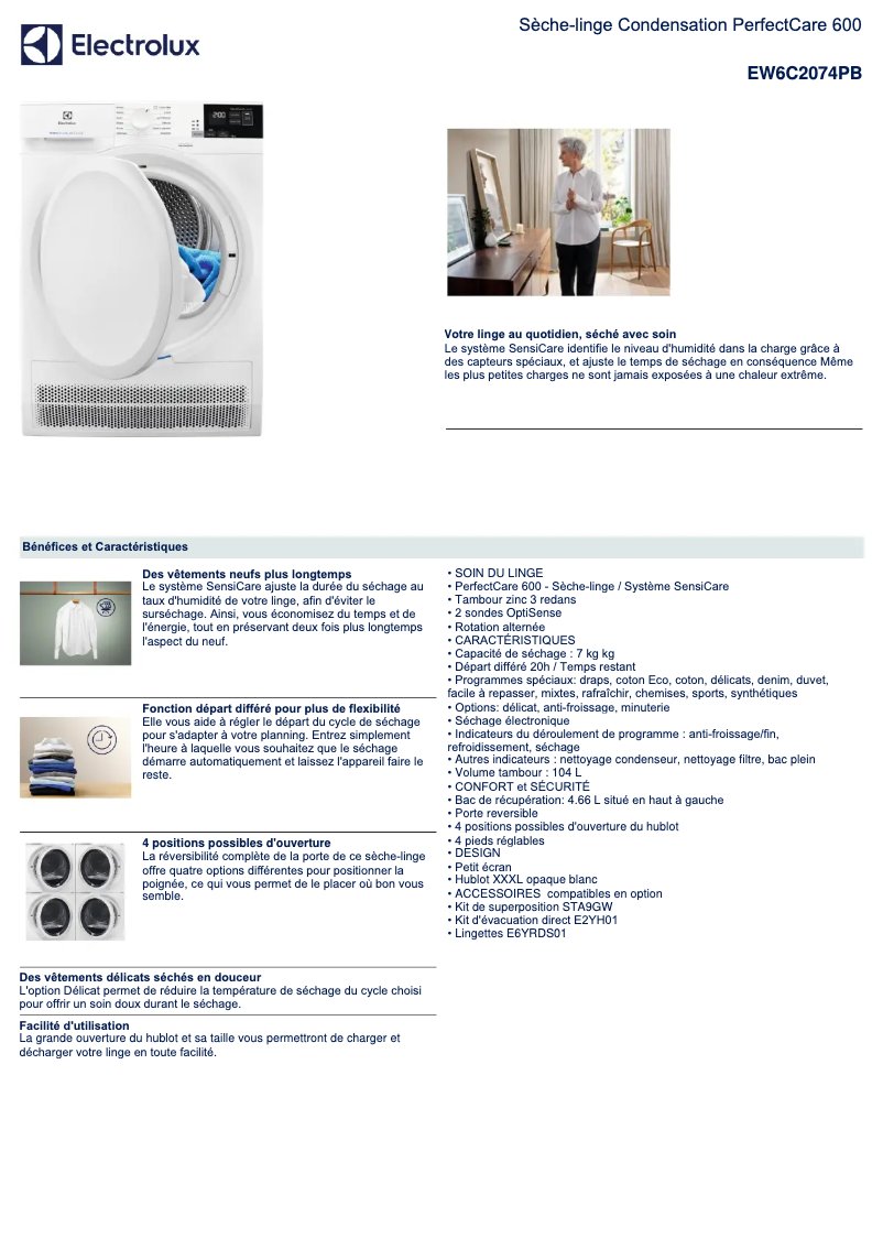 Page 1 de la notice Fiche technique Electrolux EW6C2074PB