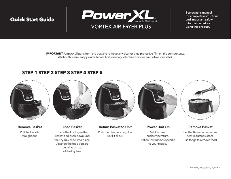 Page 1 de la notice Guide de démarrage rapide PowerXL Vortex Air Fryer Plus HF-1096LCD