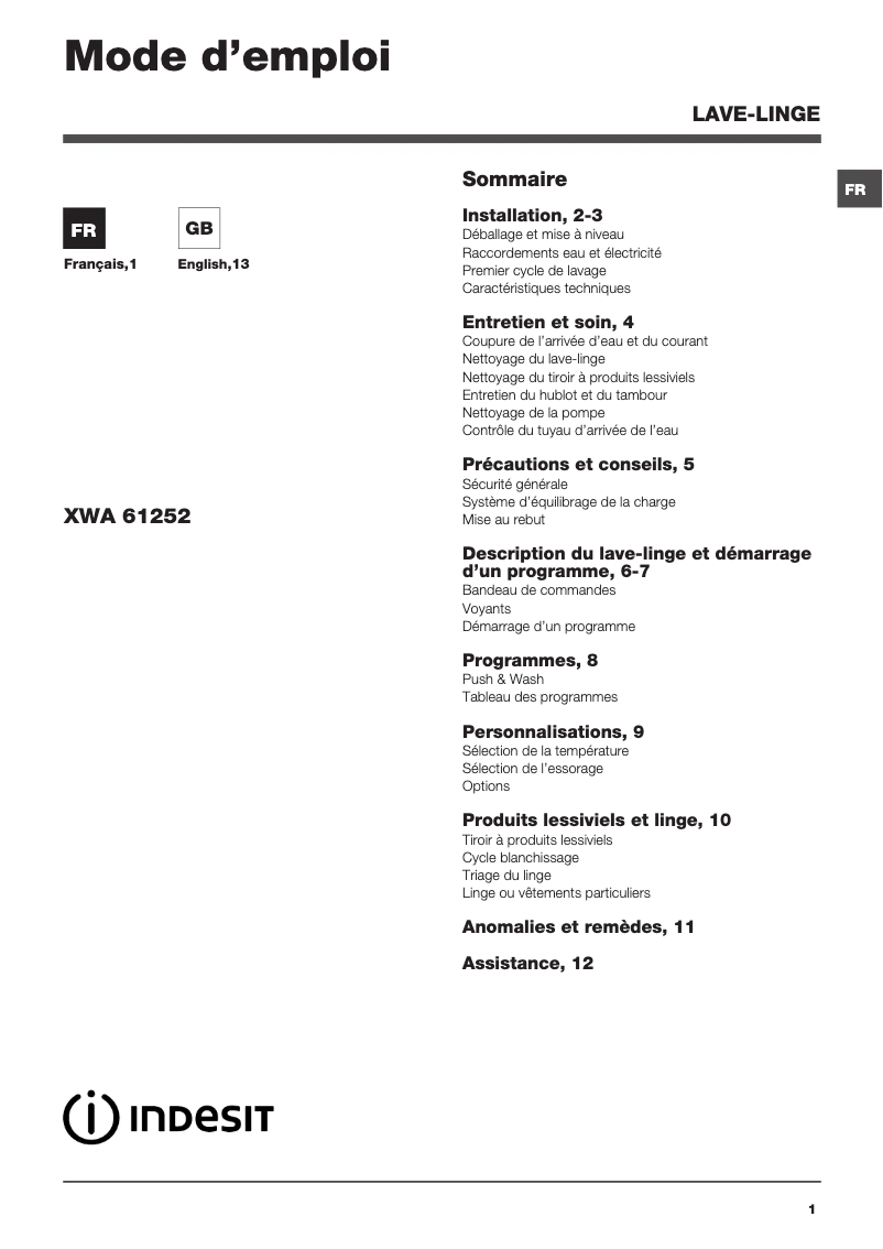 Image de la première page du manuel de l'appareil XWA 61252 W FR