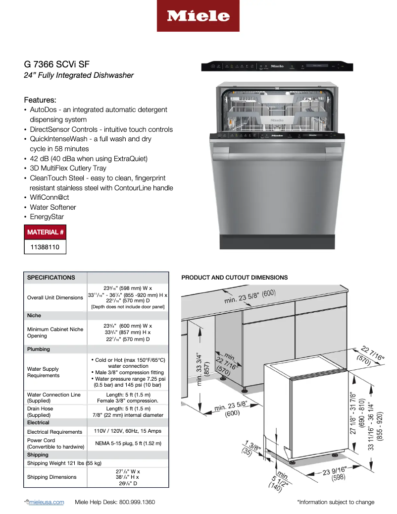 Page 1 de la notice Fiche technique Miele G 7366 SCVi SF
