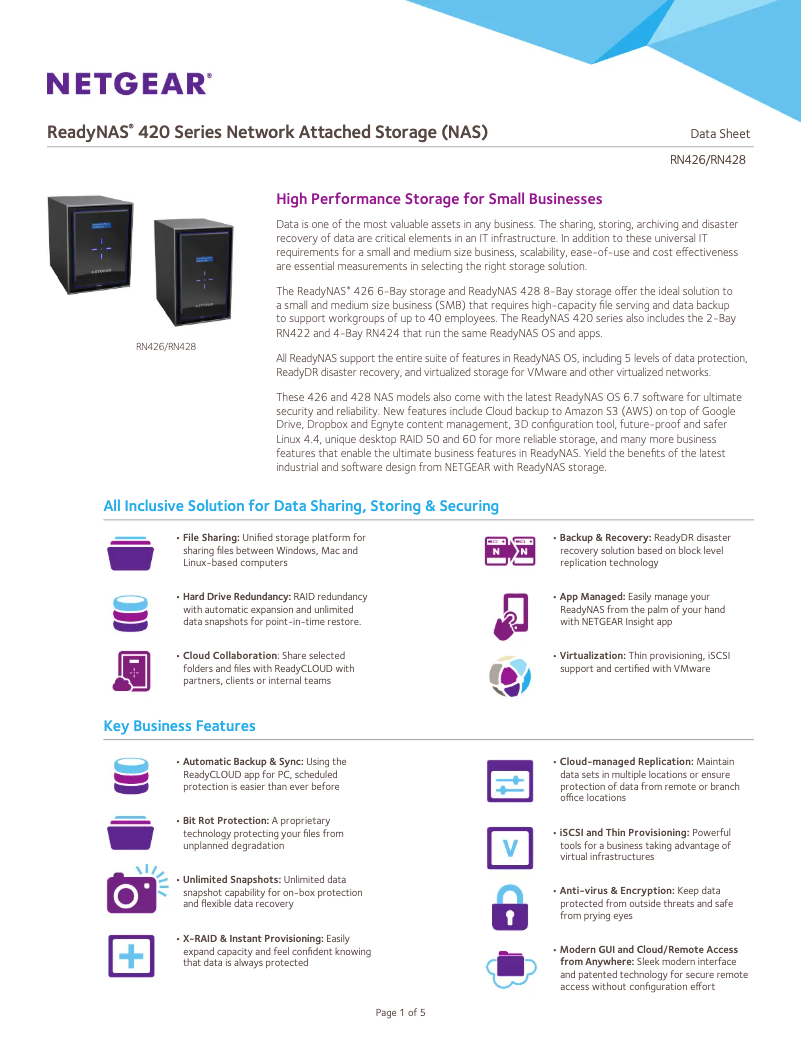 Page 1 de la notice Fiche technique Netgear ReadyNAS RN426