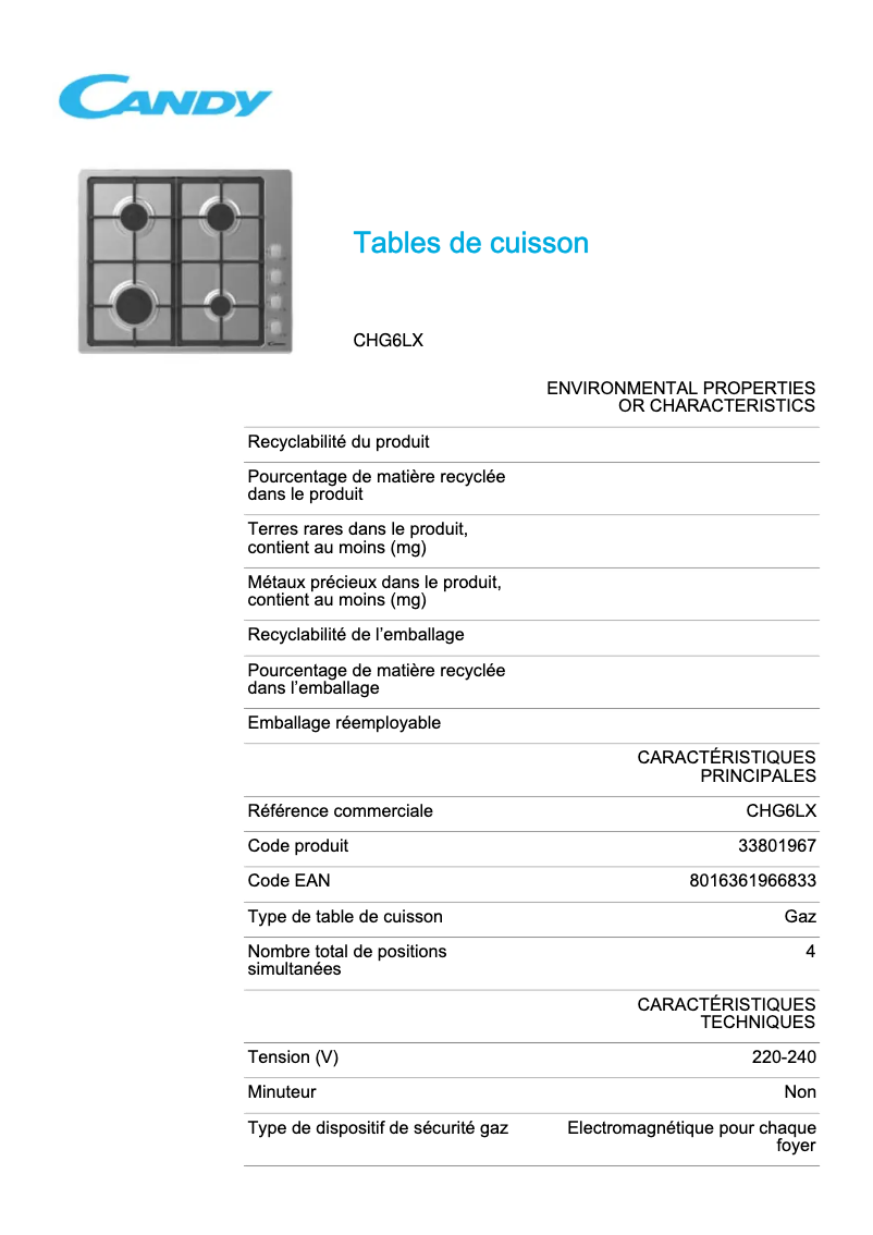 Page 1 de la notice Fiche technique Candy CHG6LX