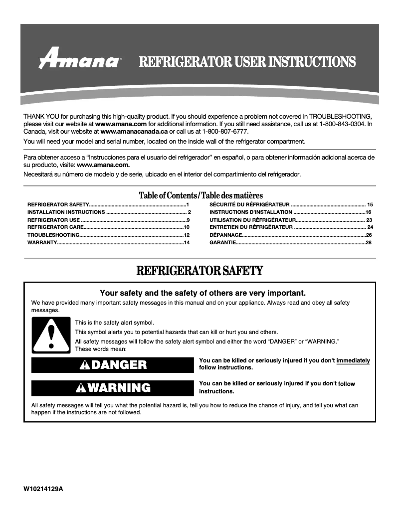 Page 1 de la notice Manuel utilisateur Amana A8RXCGFXS