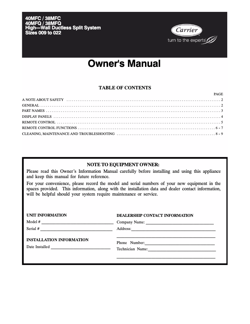 Page 1 de la notice Manuel utilisateur Carrier 40MFQ0121