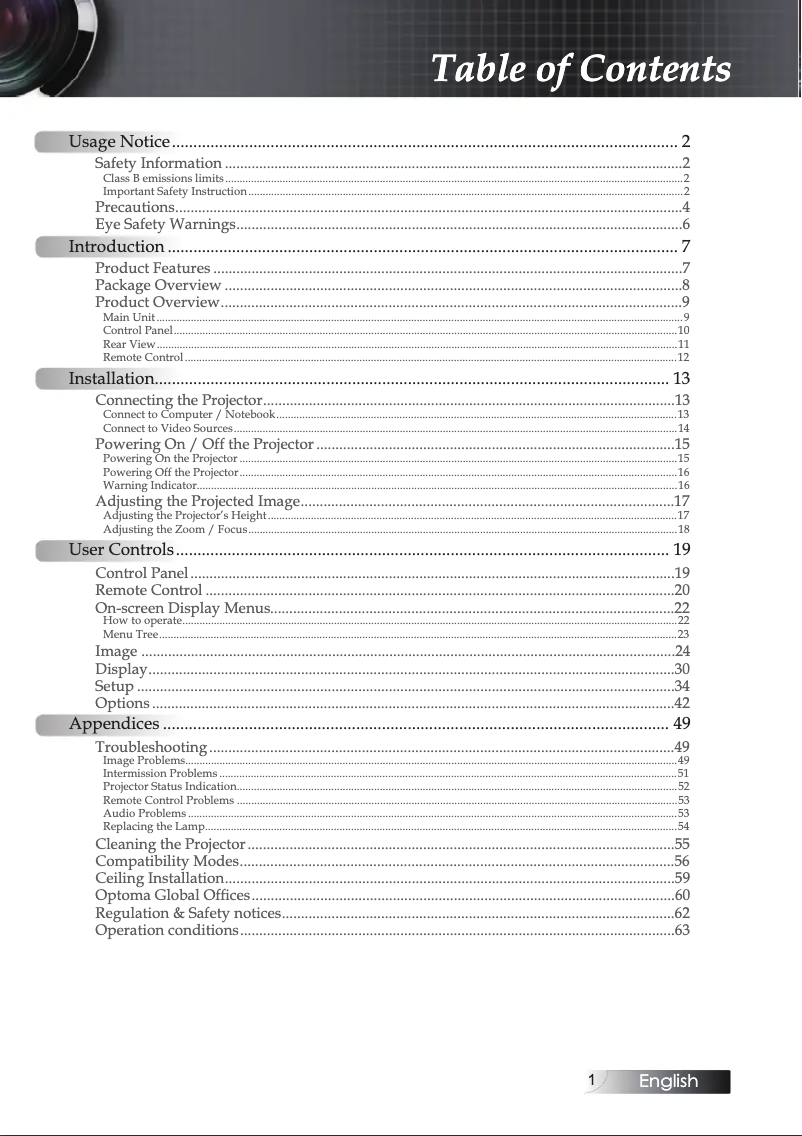 Page 1 de la notice Manuel utilisateur Optoma X304M