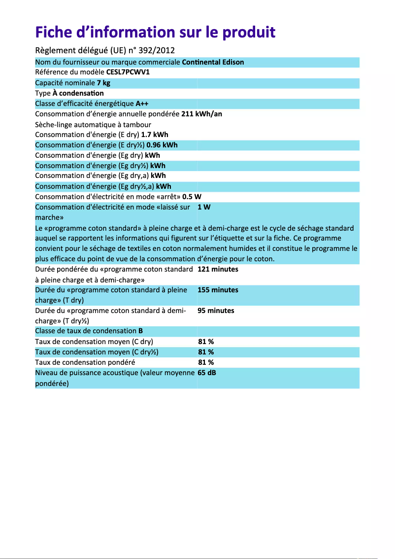 Page n°1 - Label énergétique Continental Edison CESL7PCWV1