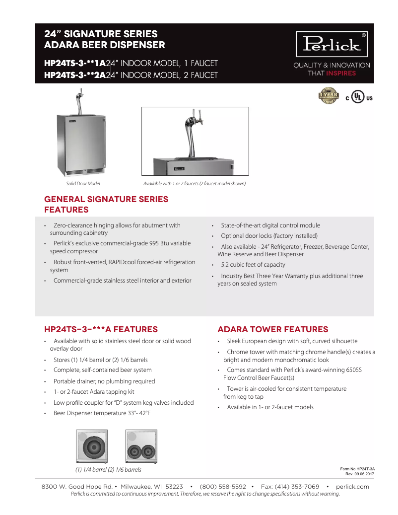Page n°1 - Fiche technique Perlick HP24TS-3-2L2A
