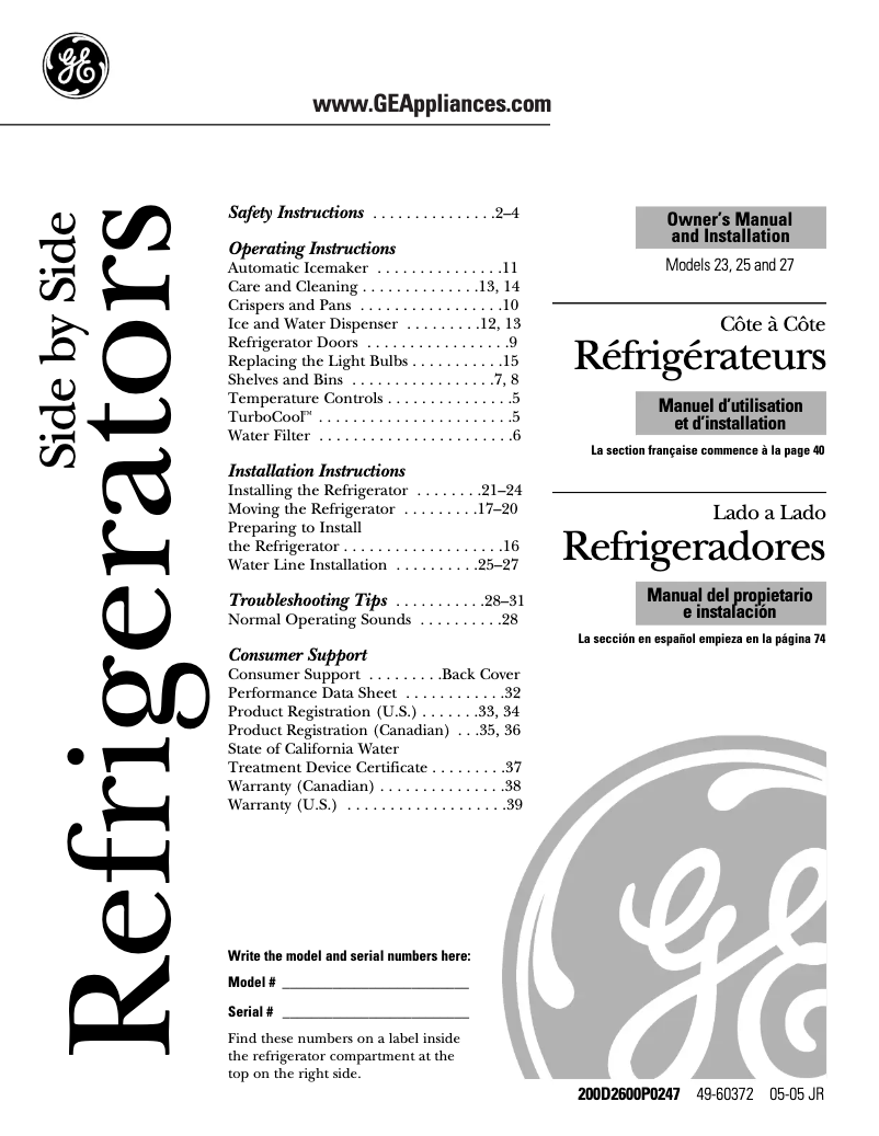 Page 1 de la notice Manuel d'utilisation et d'entretien GE GSS27RSPBS