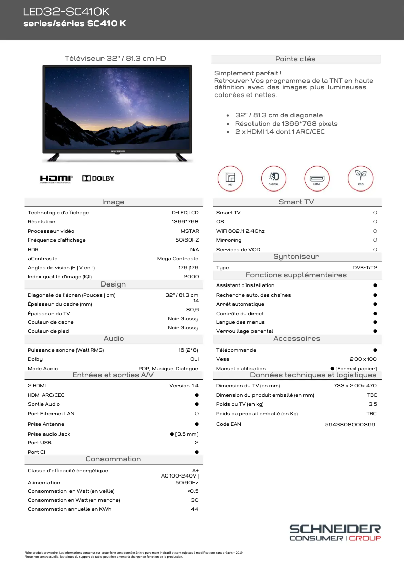 Page 1 de la notice Fiche technique Schneider LED32-SC410K