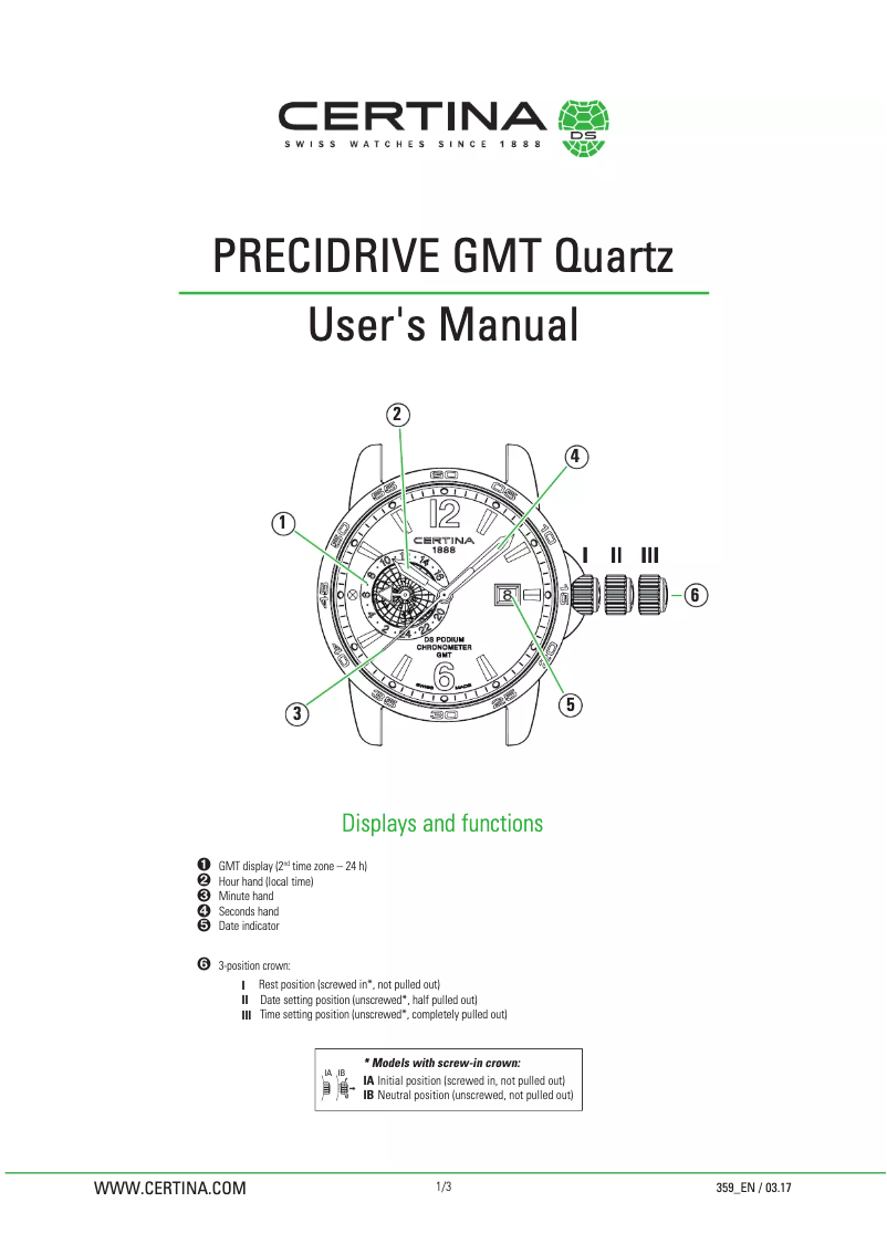 Page n°1 - Manuel utilisateur Certina Sport C034.455.16.037.01 DS Podium GMT