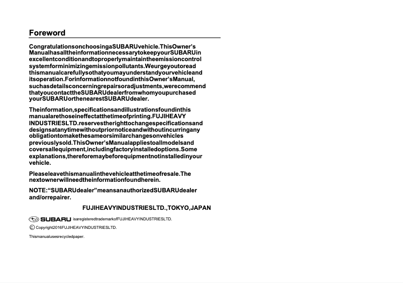 Página 1 del manual Manual de usuario Subaru Levorg (2017)