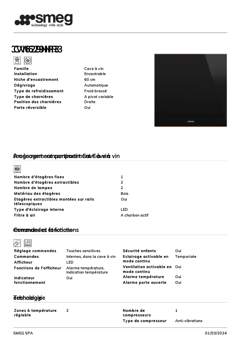 Page 1 de la notice Fiche technique Smeg CVI629NR3