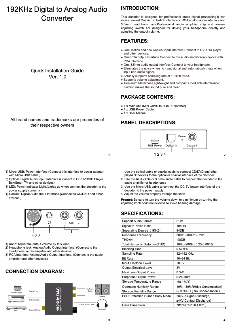 Page n°1 - Manuel utilisateur Micro Connect MC-DAC-04