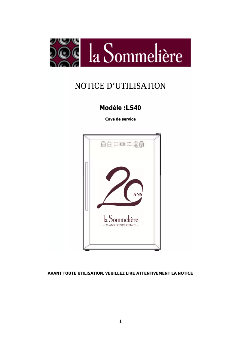 Page n°1 - Manuel utilisateur La Sommelière LS40